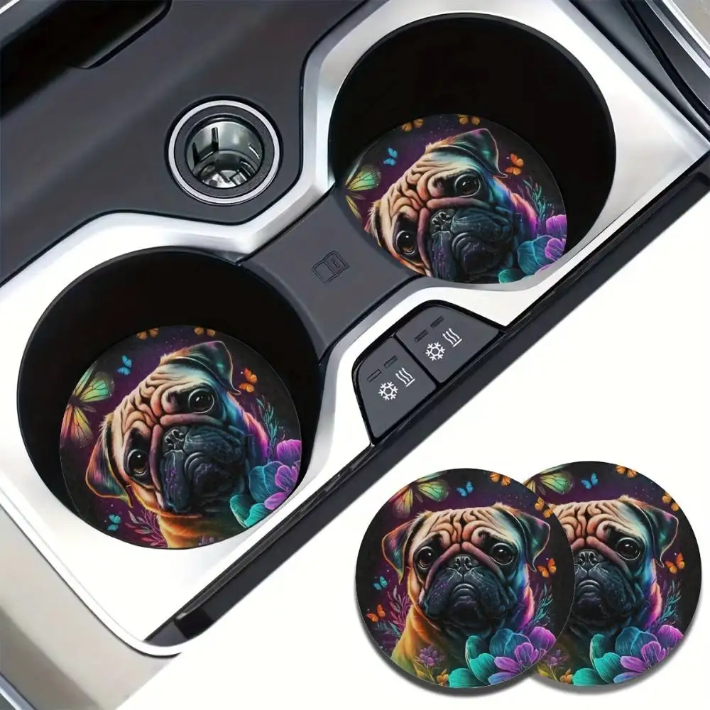 Pug & Butterfly Stars Absorbent Car Cup Coasters Women Car Accessories Dual Use Car Home Desk