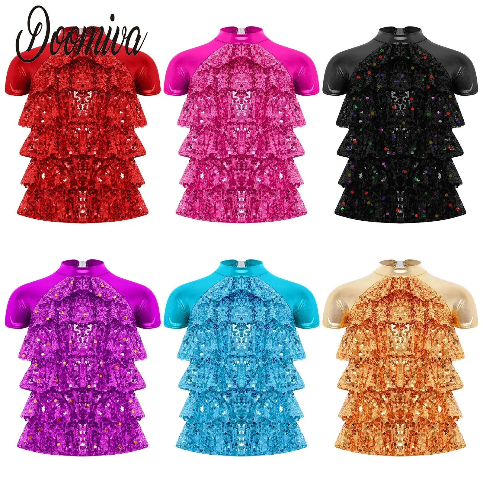 

Kids Girls Shiny Metallic Jazz Modern Tango Dance Top Short Sleeve Sequins Tiered Back Cut Shirts Party Show Dance Costume