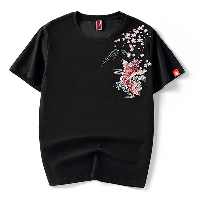 Japan Style Sakura & Koi Fish Embroidery Men Short Sleeve T-Shirt 2024 New O-Neck Mens Casual Summer Tops 100% Cotton