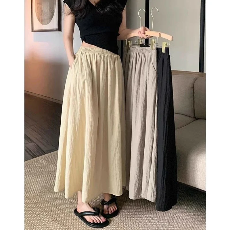 Summer Lady Apricot Ruched Midi Skirts Girls Classic Fashion High Waist Skirts Female Korean Solid A-line Short Dress