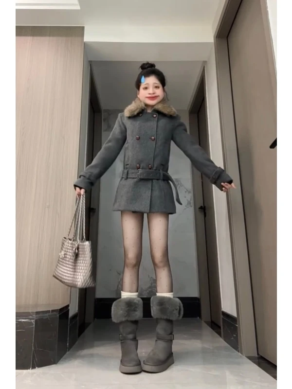 

Уникальное зимнее шерстяное пальто, женское двубортное пальто с меховым воротником, винтажное высококачественное пальто Faion Long Sve средней длины