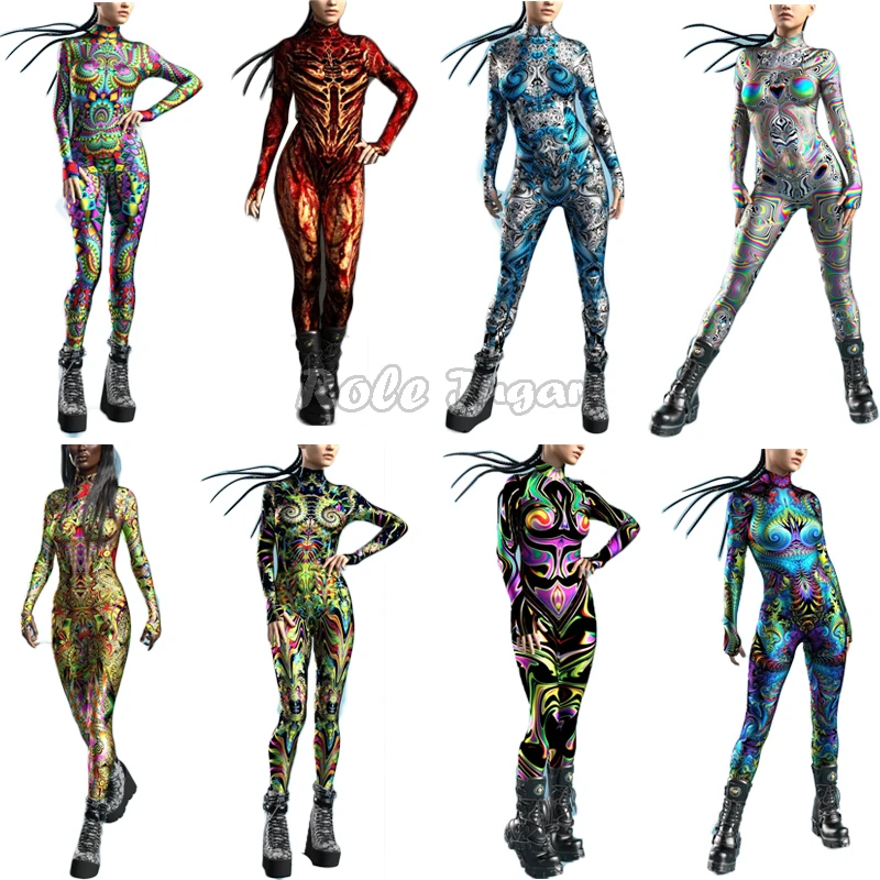 Multicolour Printing Jumpsuit Cosplay Costume Women Kids Sexy Long Sleeve Slim Elastic Bodysuits Halloween Holiday Party Rompers