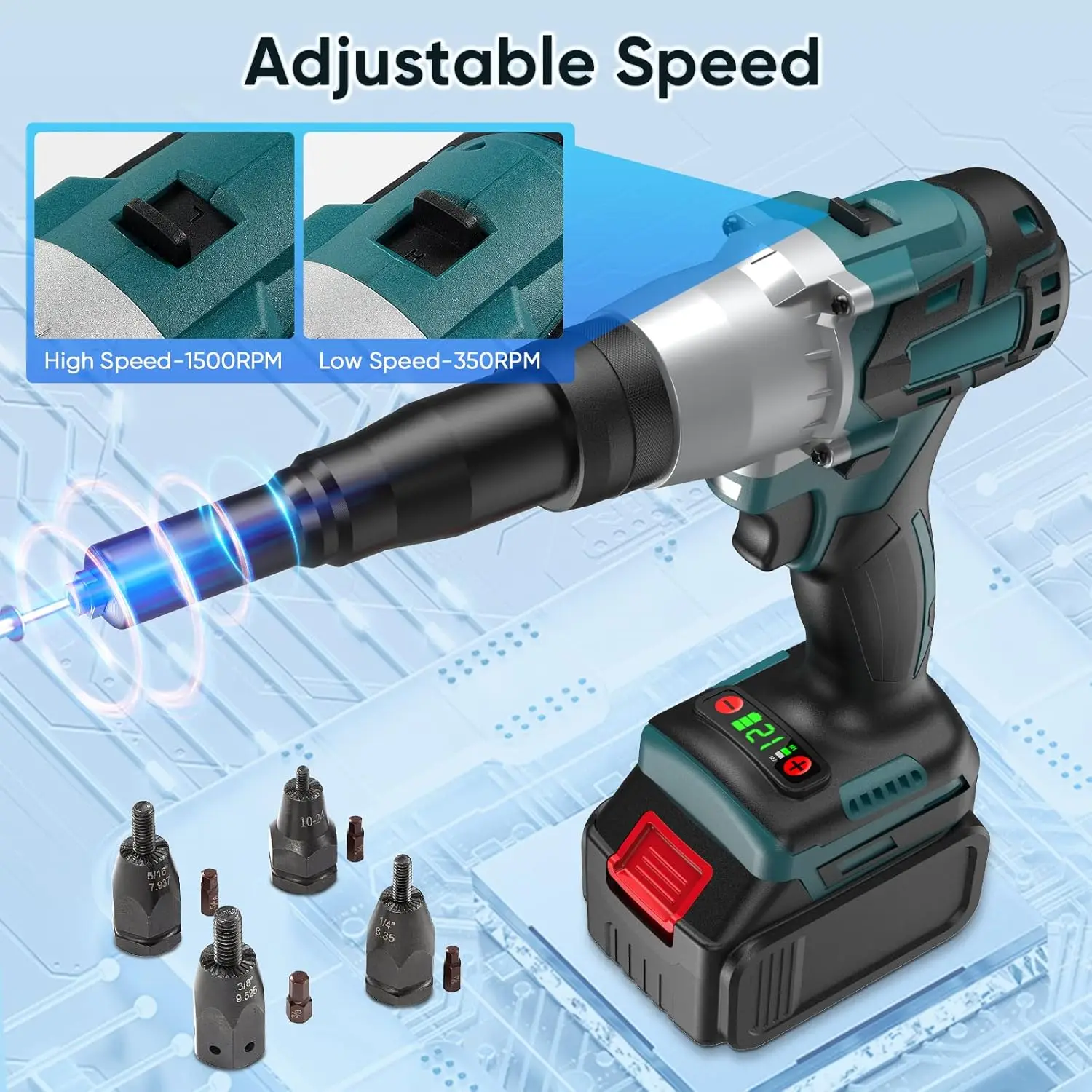 Conjunto de pistola de porca de rebite sem fio 2 em 1 (10-24 e 1/4 e 5/16 e 3/8), ferramenta de instalação de inserção de rebite pop portátil alimentada por bateria Automa