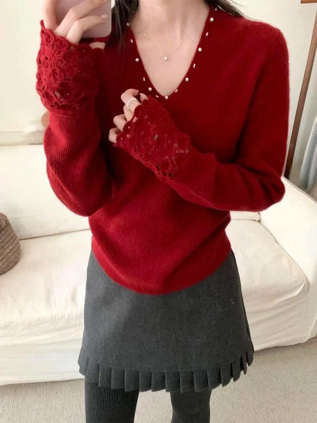 

Уникальная красивая красная вязаная базовая кофта для женщин, осенне-зимняя, утепленная, премиум-класса, для празднования Нового года, модная