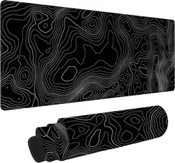 Black Gaming Mouse Pad Topographic Contour Desk Pad Computer Keyboard Mousepad Non-Slip Stitched Edge Home Office Work Mouse Mat