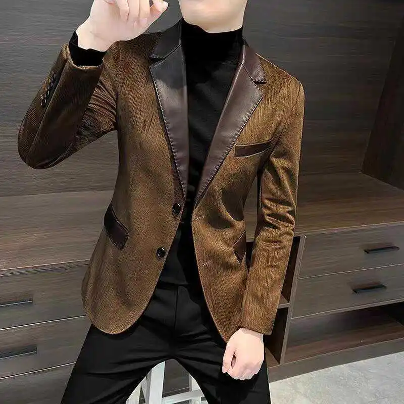 

Мужская повседневная куртка из оленьей кожи с вельветовыми вставками и кожаным воротником, осенне-зимняя, новая модная модель для взрослых, с длинными рукавами