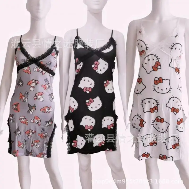 Sanrio Mymelody Kuromi Cartoon Female Lace Sexy Suspender Siamese Nightdress Ice Silk Pajamas Girls Comfortable Nightgowns