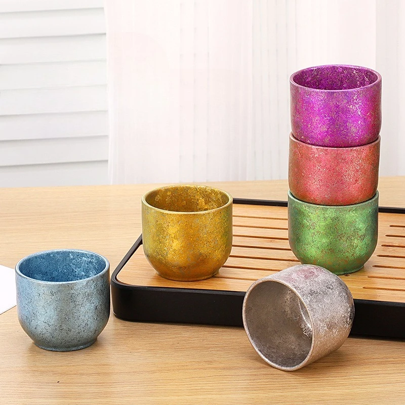 

Новая двухслойная титановая чашка для чая в японском стиле, домашняя изоляционная чашка из яичной скорлупы радужного цвета, уличный чайный сервиз в стиле ретро, посуда