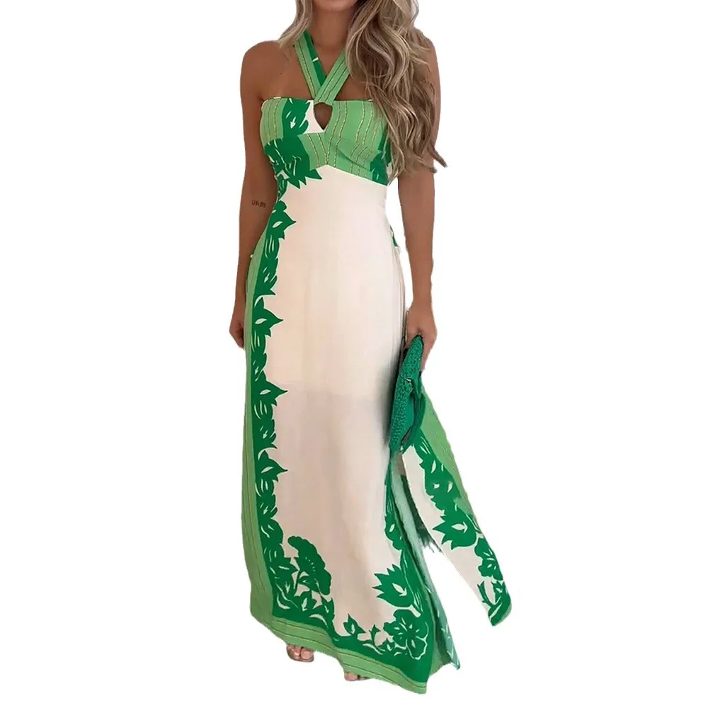 Summer New Neck Sexy Look Color Matching Fashion Vacation Beach Long Dress Women's Clothing