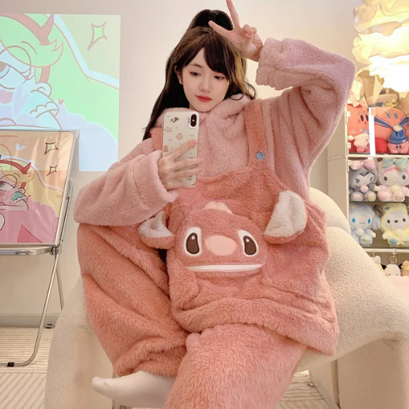 Cartoon Disney Pajamas Winter Coral Fleece Hooded Plush Two-piece Set Kulomie Loungewear Women\'s Pajamas New Melody Clothing