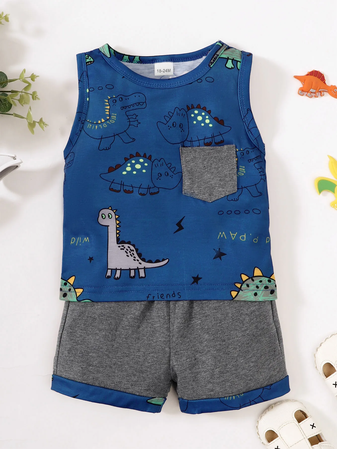 Baby Boys Vest Set Elastic Waist Gray Pocket Loose Pants Round Neck Sleeveless Cartoon Dinosaur Blue Jacket Casual Two-Piece Set