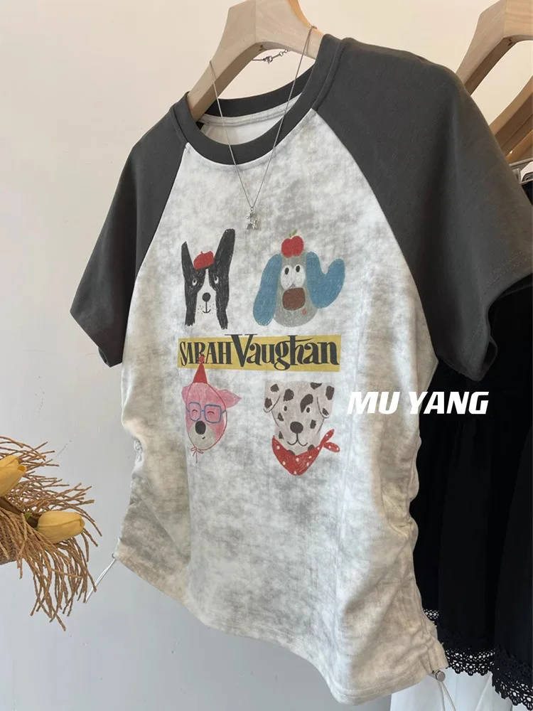 

Plus Size American Retro ort Sve T-irt Women's 2024 New Slimming Sweet And Spicy ort Sle Top Color Blo Design Casual Wear