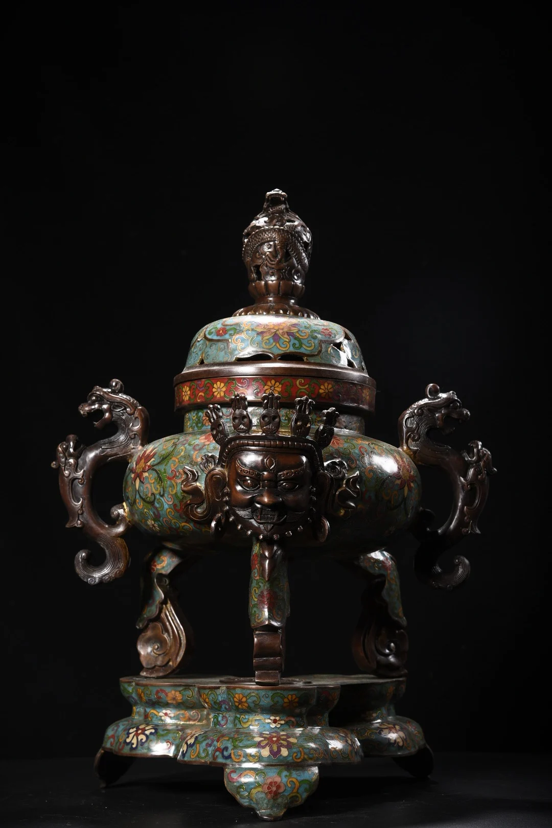 

23"Tibetan Temple Collection Old Bronze Cloisonne Dragon Ear Mahakala Buddha Head Incense Burner Base Worship Hall Town house