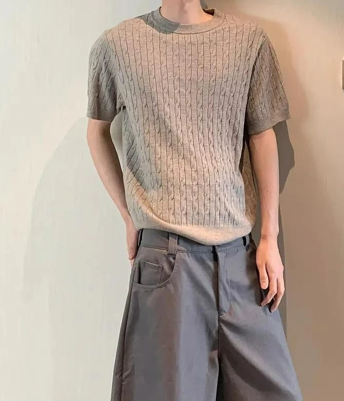 Summer Crew Neck Twist Knitted Short Sleeve T-Shirt Men's Solid Color Versatile Casual Half Sleeve