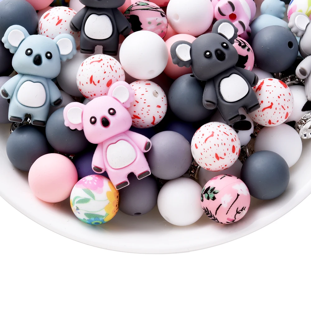 28Pcs Silicone Beads Rhinestone Set Koala&Round Teether Beads Handmade DIY Bracelet Necklace Pacifier Chain Making
