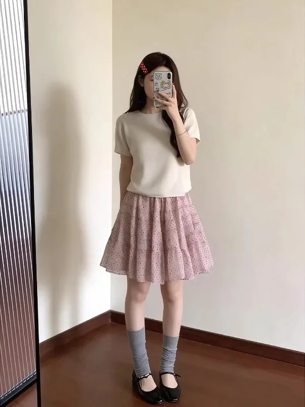 

Новая модная женская летняя юбка в горошек с многослойной сетчатой вставкой, юбка-тортик с высокой талией, А-силуэт, в корейском стиле, для повседневной носки