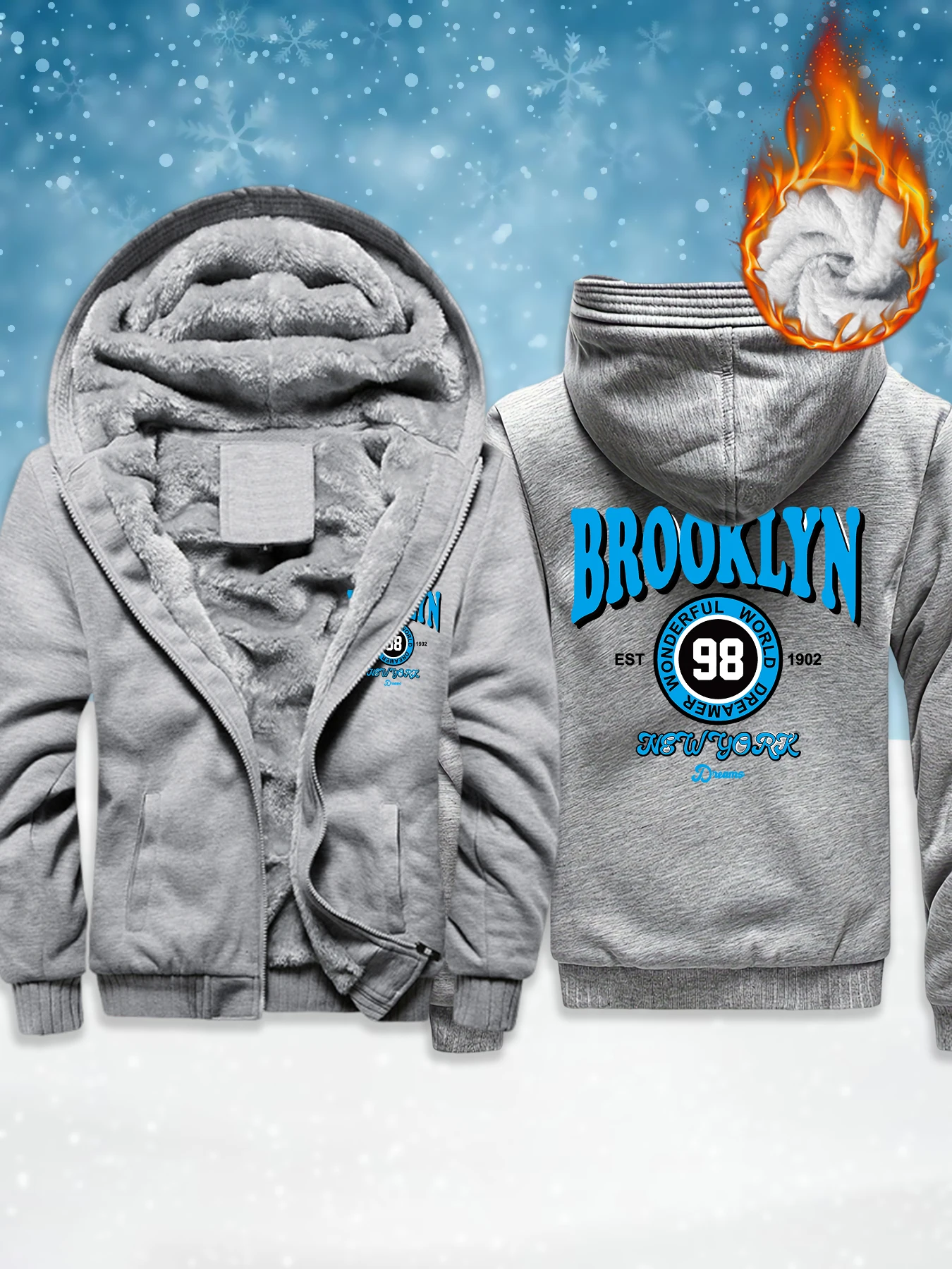 

Brooklyn New York Est 1902, мужская флисовая базовая куртка с принтом, зимняя теплая утепленная толстовка на молнии с капюшоном, удобная мягкая повседневная уличная одежда