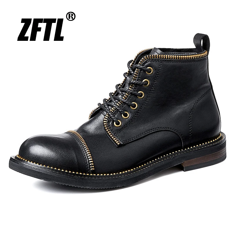 ZFTL Men\'s Basic Boots Anti-slip retro Men\'s British style Lace-up head layer cowhide Mid-Top Ankle Boots Men\'s Tooling Boots