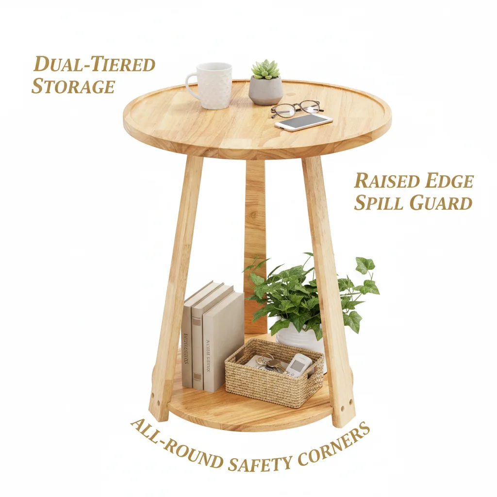 Muji Style Rubberwood Round Accent Table Angle View