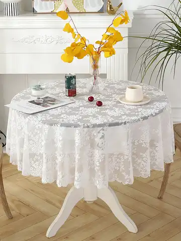흰색 레이스 식탁보 둥근 거울 꽃 덩굴 패턴 거실 식탁 장식