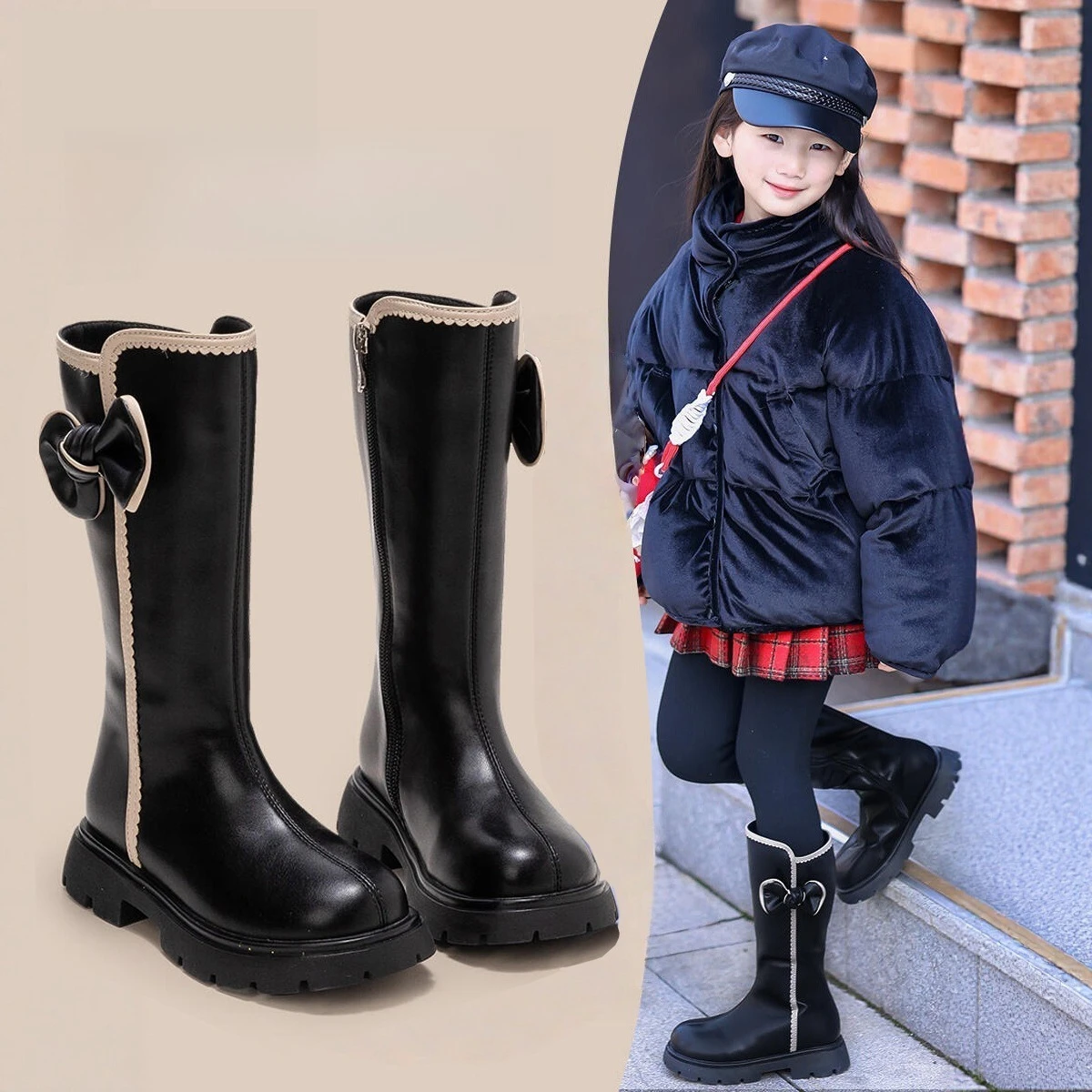 

Toddler Girls Mid-calf Boots for 2025 New Autumn Winter Kids Leather Boots with Side Bow Soft Sole Simple Christmas Party Boots
