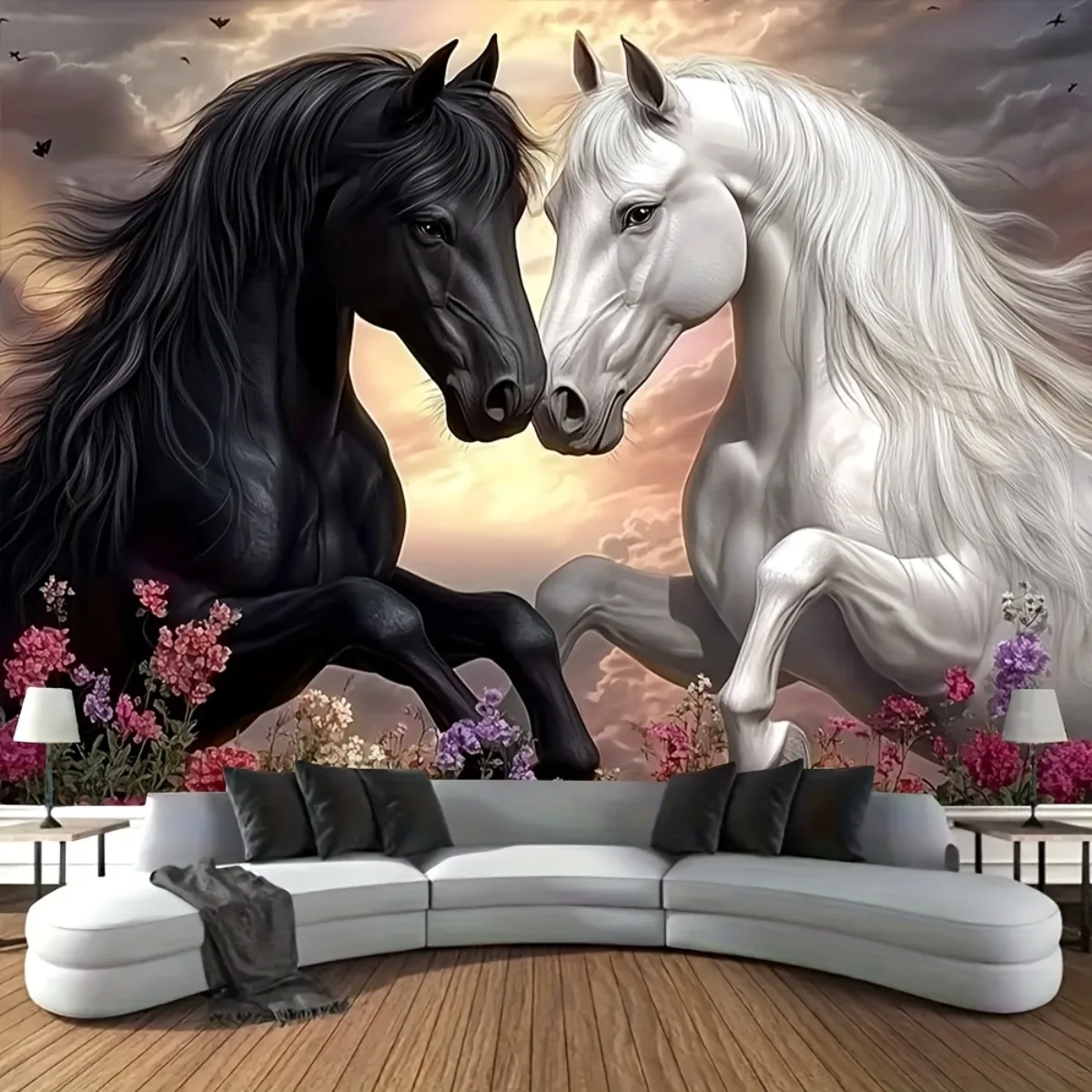 Decorative Window Curtain Black and White Horse Couple Fantasy Art Print Dramatic Equestrian Scene for Living Room Bedroom Home