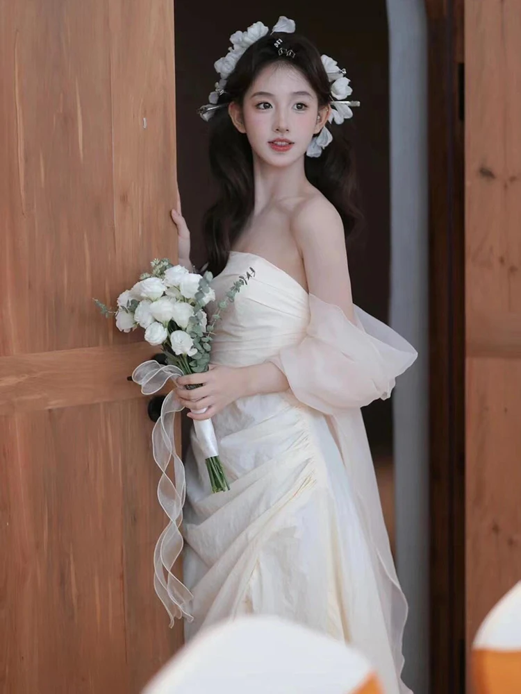 

Light Satin Wedding Dr Fi Tail One oulder Bridal Gown Evening Reception Ceremony Soft Silk Fabric Handmade Flowers