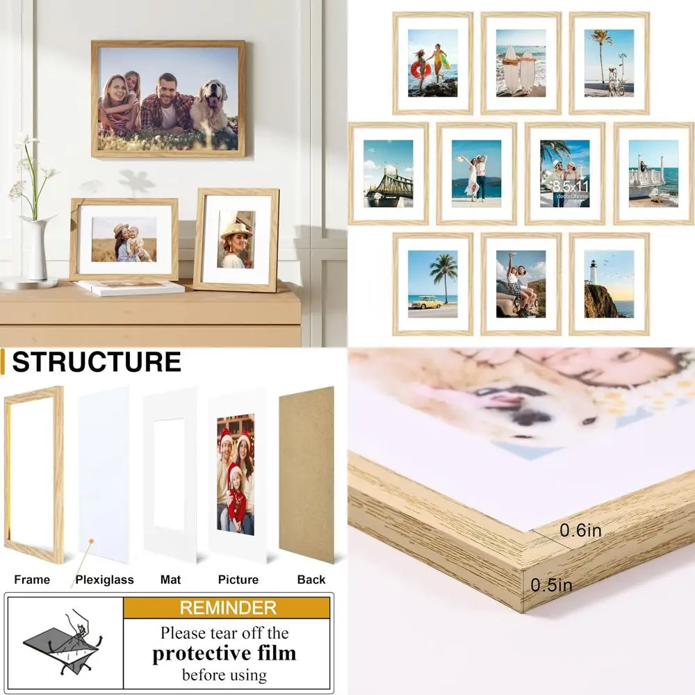 

Set of 10 Natural 8.5x11 Picture Frames for 6x8 Matted or 8.5x11 Unmatted Wall Photo Displays