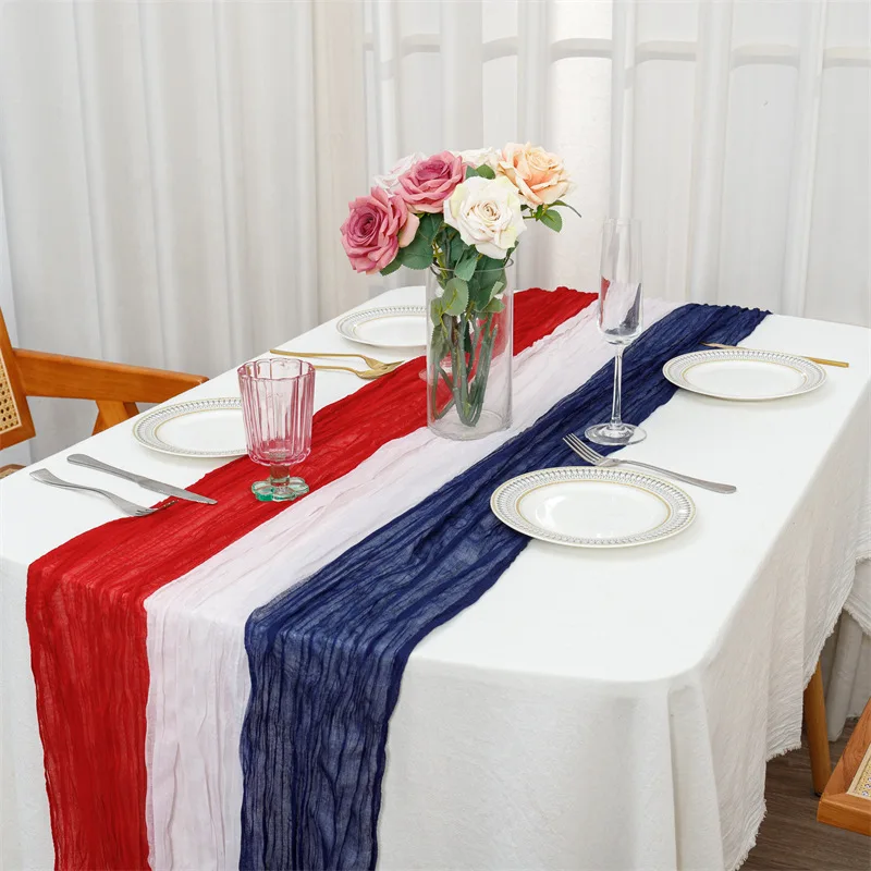 Tri Color Patchwork Balinese Gauze Table Flag, American Flag Color, Cheesecloth Pleated Table Flag, Wedding Tablecloth