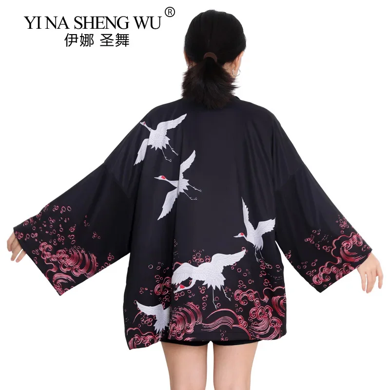 Beach Sunscreen Coat Japanese Kimono Women Yukata Female Crane Printing Summer Traditional Kimono Streetwear Haori Obi Cardigan