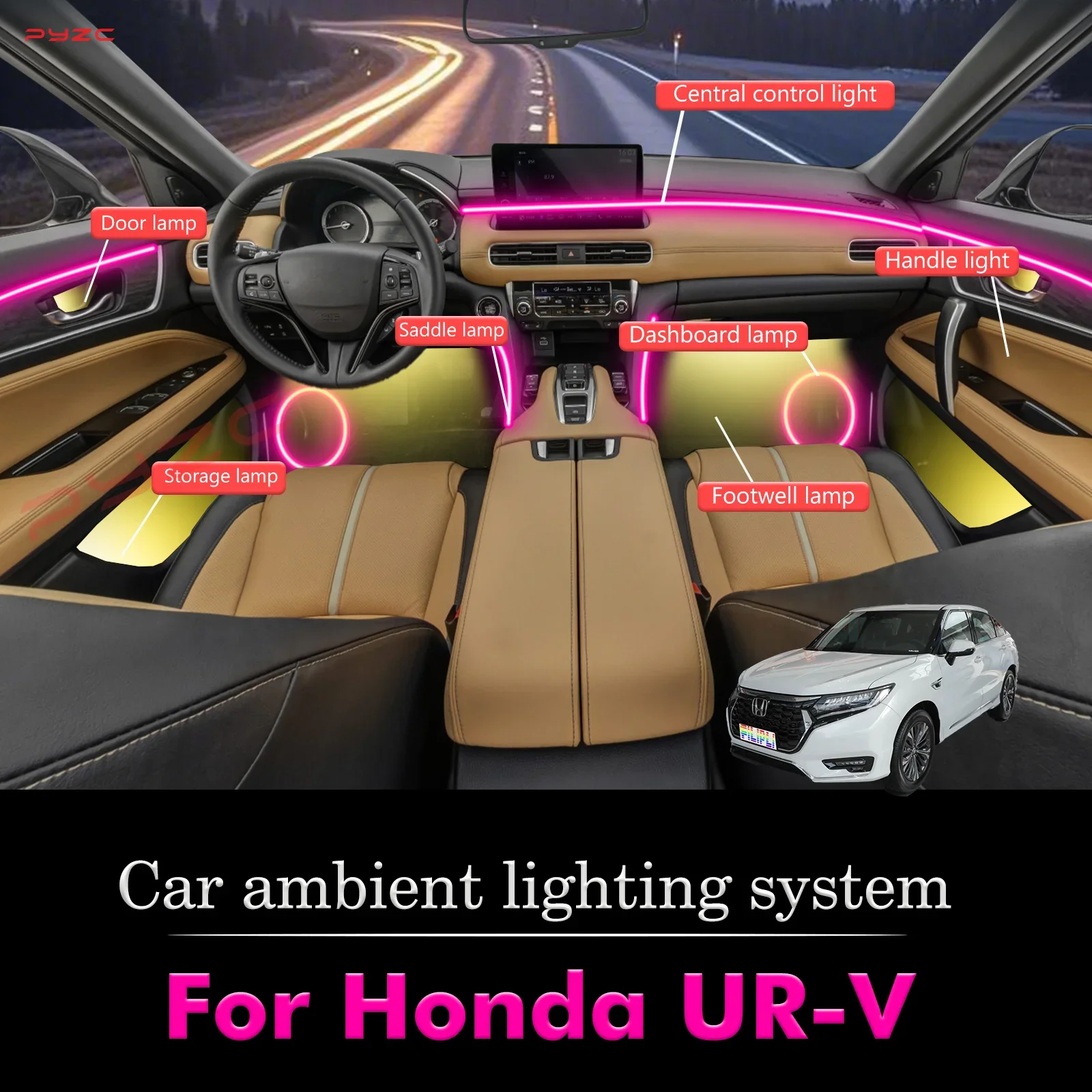 

For Honda UR-V Smart Remote Control Car Interior Ambient Light RGB 64 Colors LED Energy Saving Efficient Lamp Kit