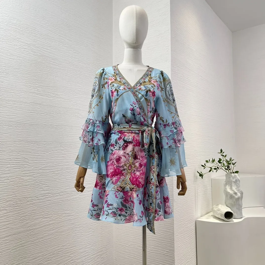 

2024 Vintage Style Pure Silk Blue Flower Print Ruffles Diamonds Pressed Long Sleeve V-Neck Wrap High Quality Mini Dress