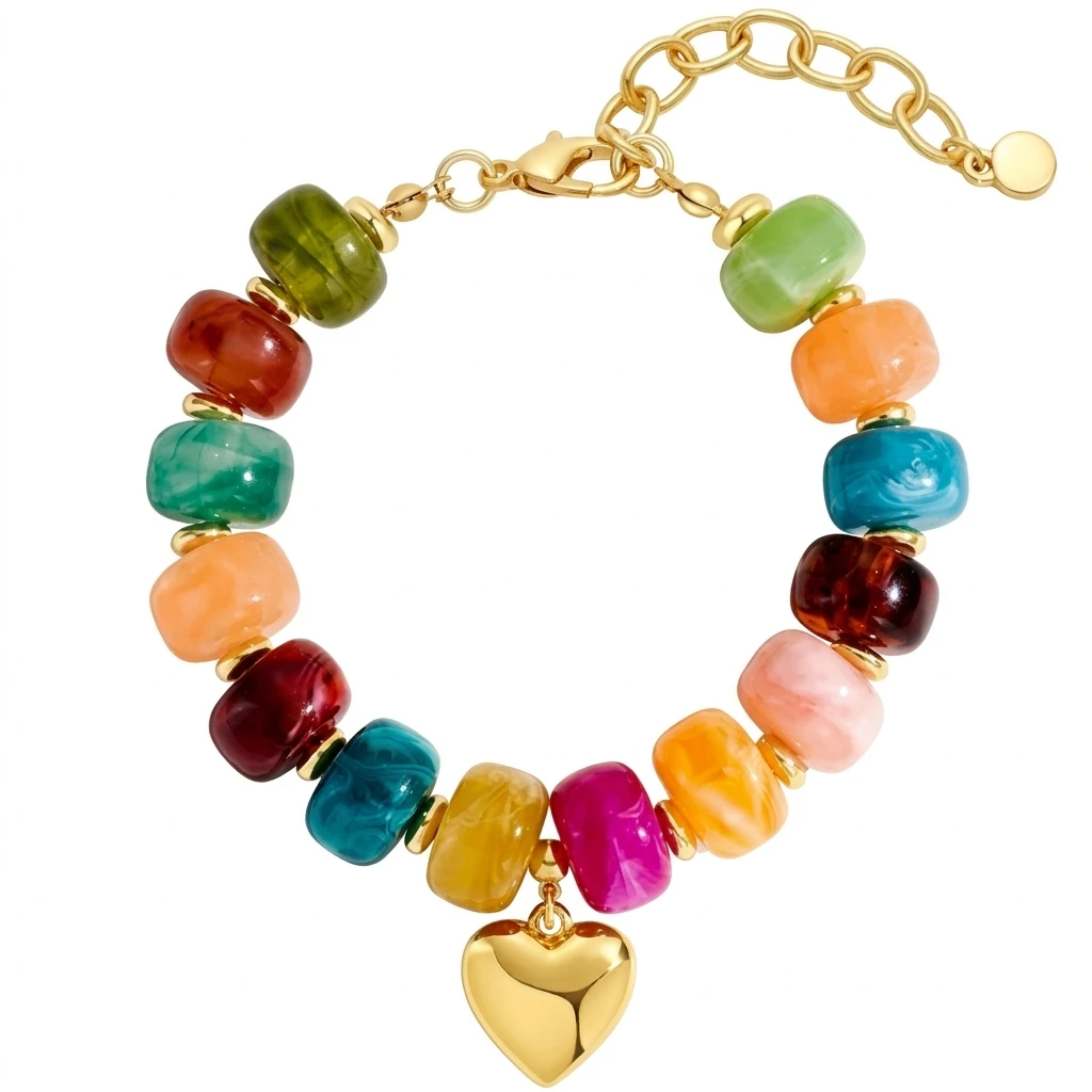 Resin Acrylic Bracelet With Ethnic Tie Dye Beads And Heart Design For Fashionable Everyday Wear