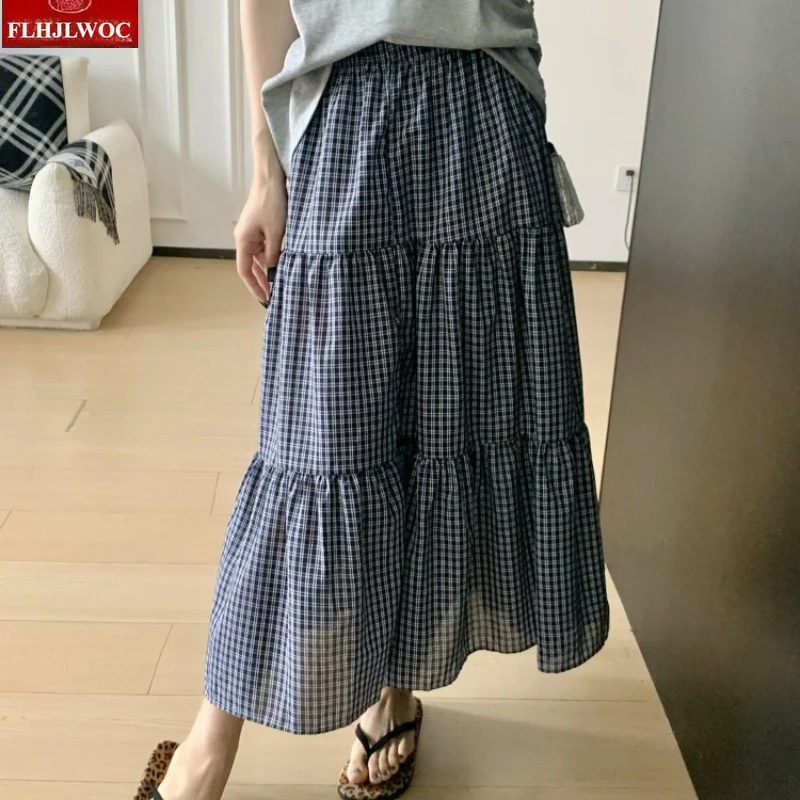 FLHJLWOC Cute Japanese Style Vintage Plaid Skirt for Women Literary Retro High Waist A-Line Casual All-Match Layer Long Skirt
