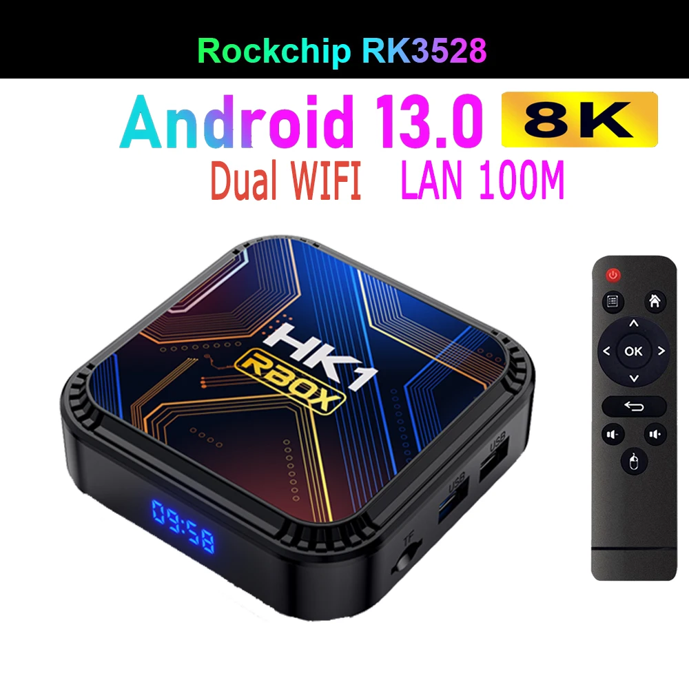 

HK1 RBOX K8S RK3528 Android 13.0 Quad Core 8K HDR LAN 100M WIFI6 BT5.0 Voice Assistant Global Language Media Player Smart TV Box