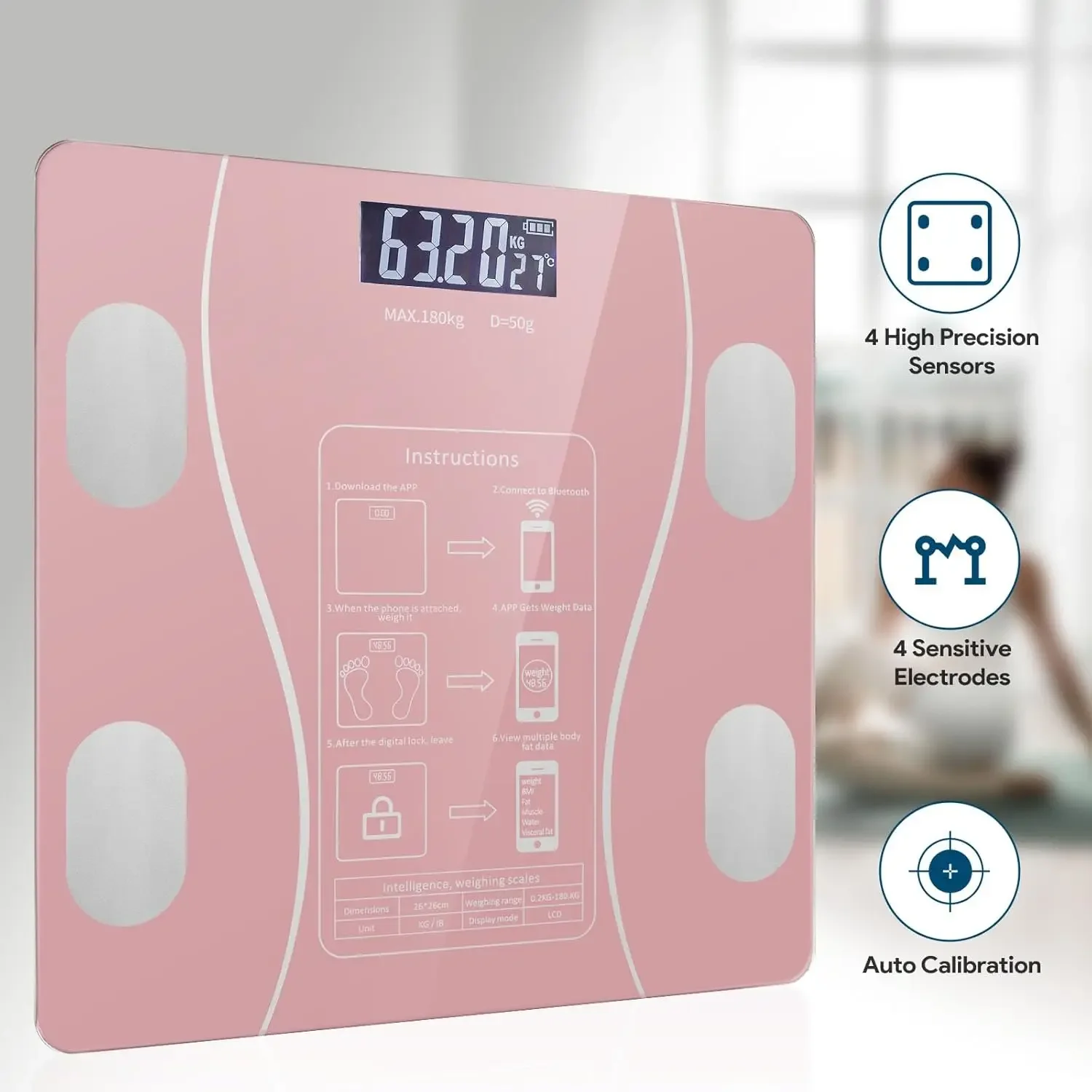 Digital Simple and Practical Body Fat Scale with Smartphone App, Bathroom Scale with Led Display, Provides Body