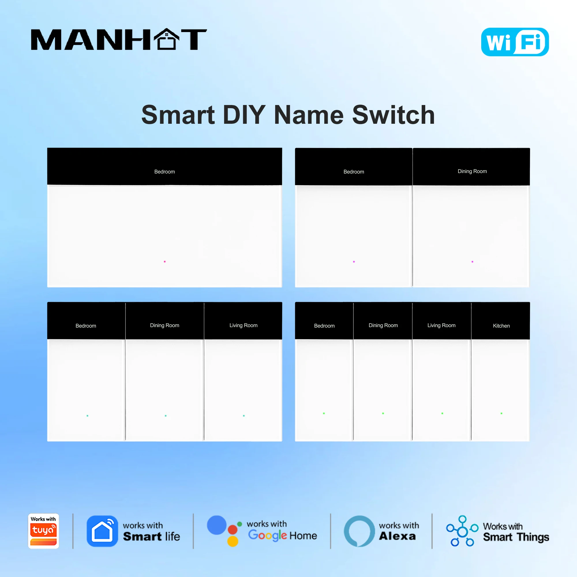 MANHOT WiFi Smart DIY Name Switch Smart Glass Panel Push Button Switch Smart Wall Switch Work With Tuya Alexa Google Home