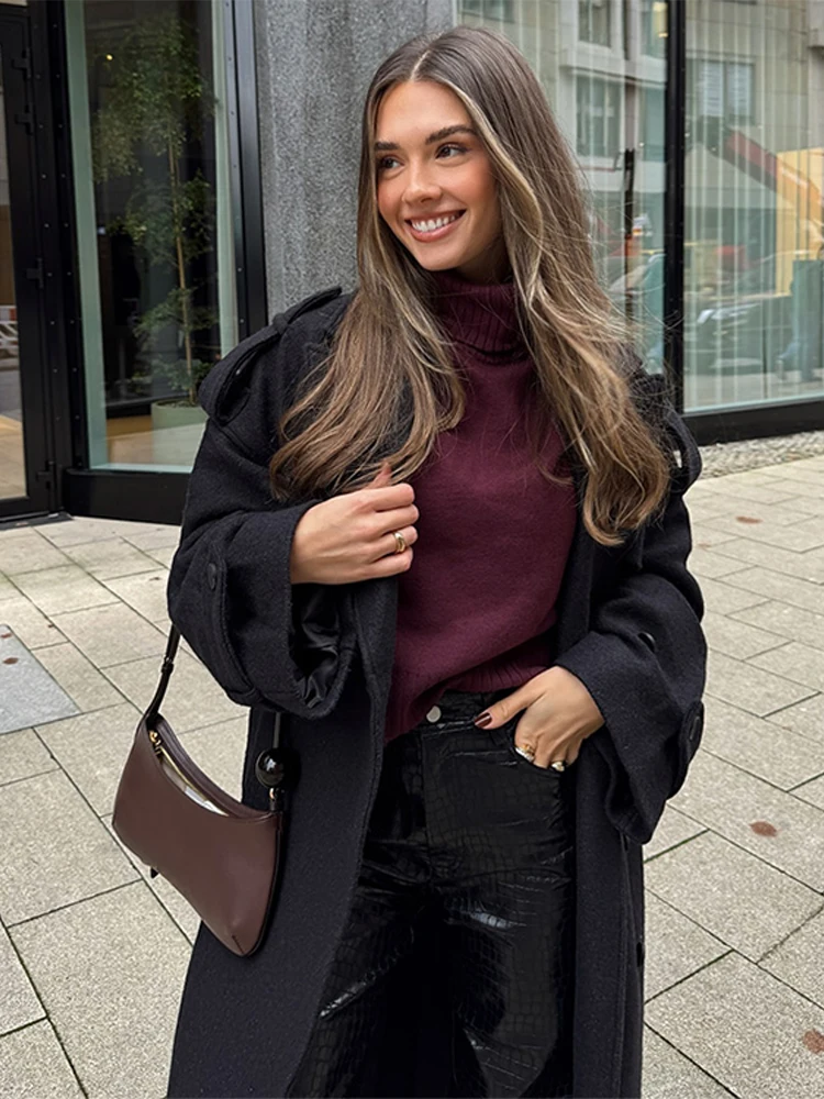 

Fashion Solid Color Women's Coat Casual Loose Turndown Collar Long Coats with Belt Women Elegant Retro Winter Windproof Overcoat