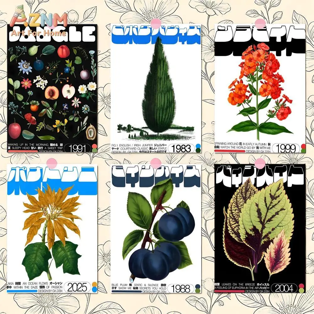 

AZNM Vintage Japanese Botanical Canvas Wall Art Print, Frameless Single Panel Retro Floral & Fruit Illustration Poster, Mid-Cent