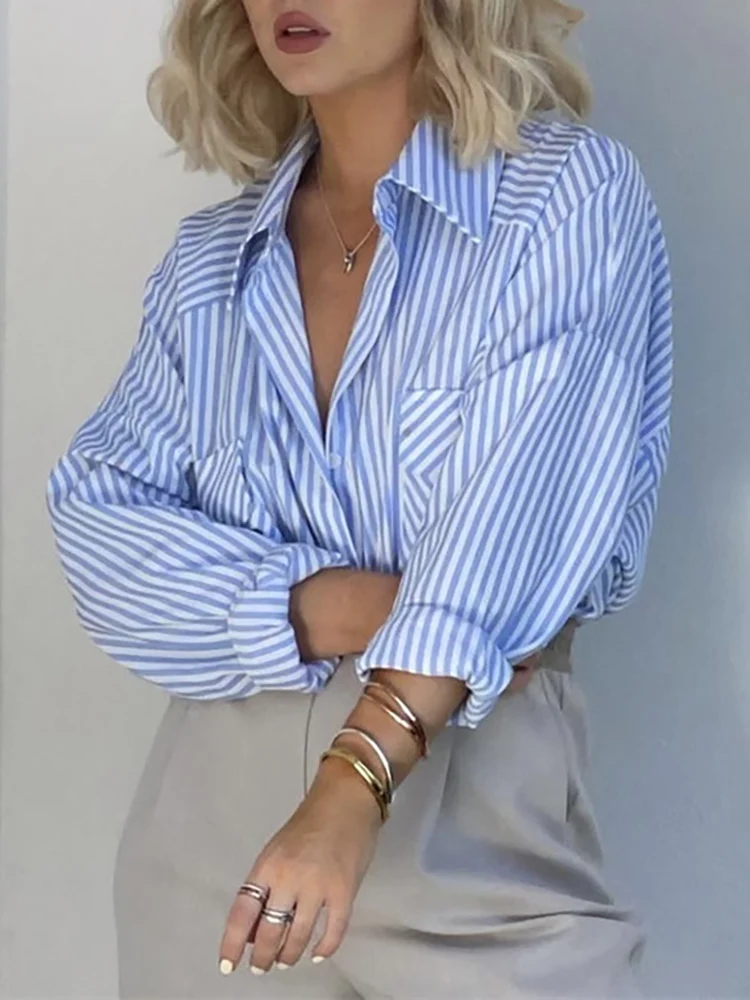 

Women Blue and White Striped Shirts Long Sleeve TurnDown Collar Long Sleeve Shirt Female Spring Autumn Casual Ladies Chic Tops