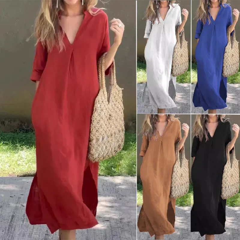 

Latest Summer Dress Relaxed Fit Casual Style Side Slit Pockets Flowy Three Quarter Sleeve Comfortable Midi Long Dress Design