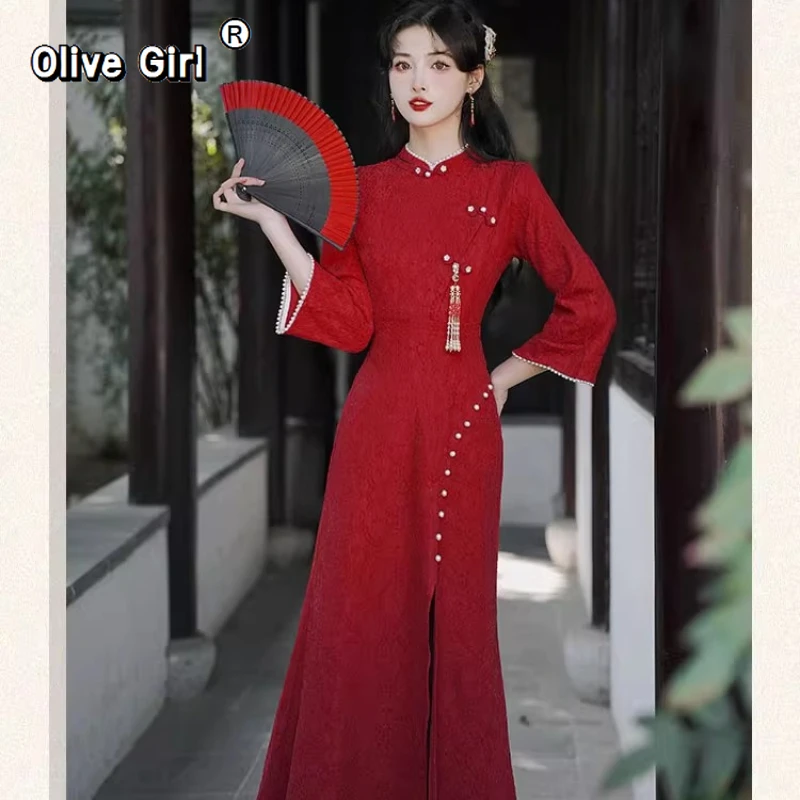 

Платье Cheongsam Qipao, новое свадебное платье в китайском стиле, 2026, новое свадебное повседневное красное платье с возвратом двери