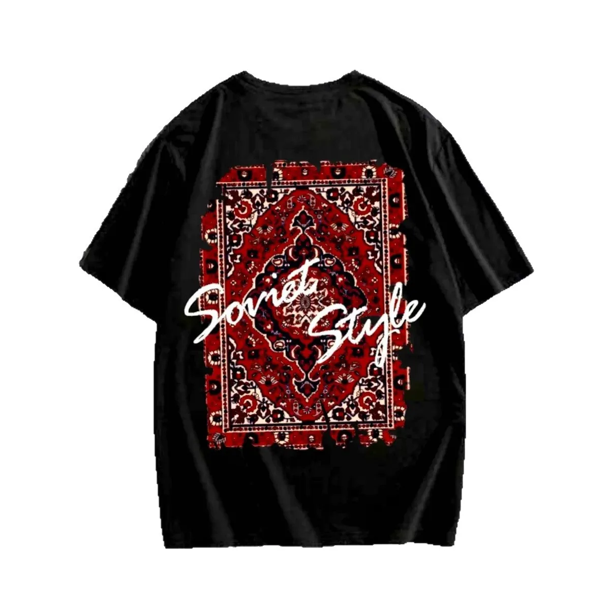 Slavic Retro Black Oversized Tee Rug Carpet Print Soviet Style Cursive Font Cotton Loose Women Street T Shirt Hip Hop Graphic