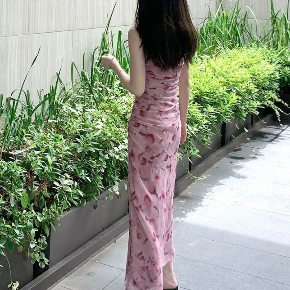 

Ins Fashion Slim Fit Floral Slim Long Dress Sleeveless Flower Women Long Skirt Streetwear Spicy Girl Korean Camisole Dress Beach