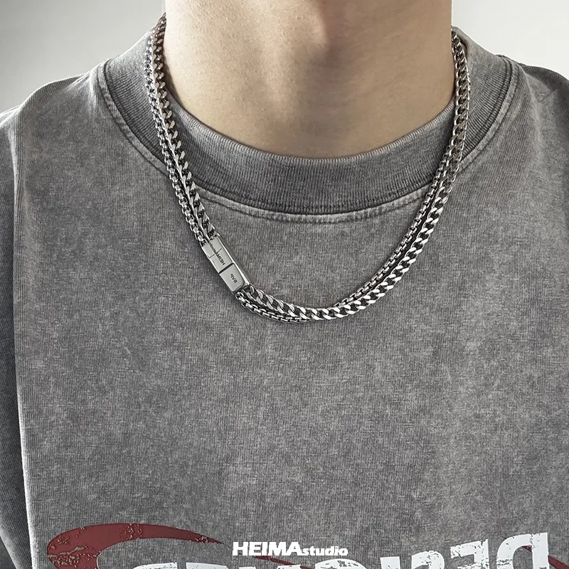 チタンとスチールのダブルキューバンネックレス,男性用,レトロ - Charm Necklace Dainty のレビューと価格