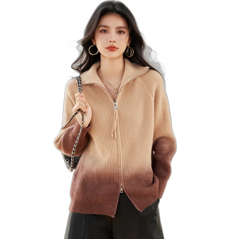 2024 New Autumn Winter Women Loose Two-way Zipper Cardigan High Quality Fashion Gradient Color Knitted Cardigan Top