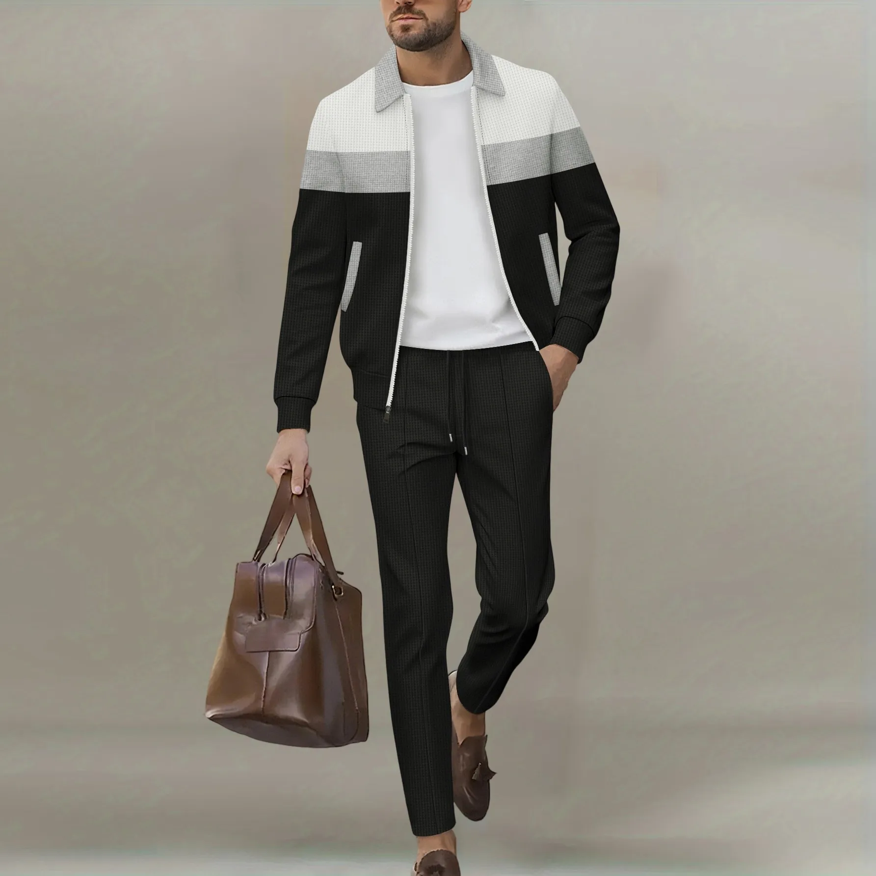 Men's Color-Block Collared Jacket Multi-Color Striped Zipper Top with Long Pants Business Casual 1/2Pieces