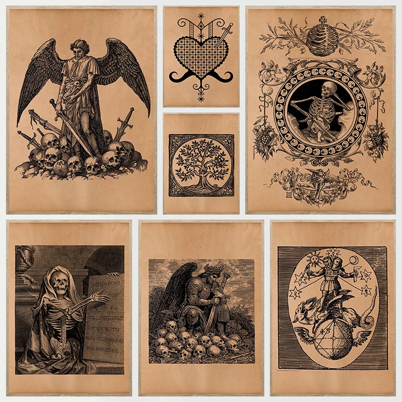 Pósteres artísticos Retro nórdico con esqueleto misterioso, bruja, Ángel, mito, impresiones en lienzo, pintura artística de pared, imagen para decoración del hogar y la sala de estar