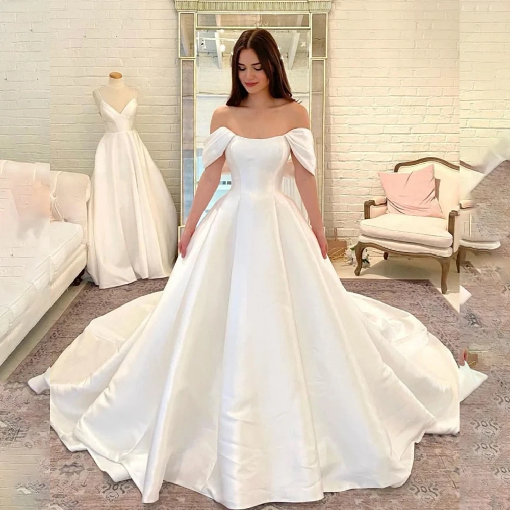 

Gorgeous Women's Wedding Dresses A Line Pleat Satin Sexy Off The Shoulder Princess Prom Bride Gowns Formal Sweep Train Vestidos