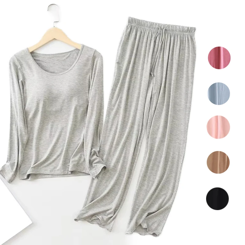 Pijama Feminino New Long Sleeve Trousers Set Modal Cotton Sleepwear Women Casual Bra Padded Winter Underwear Suit Female